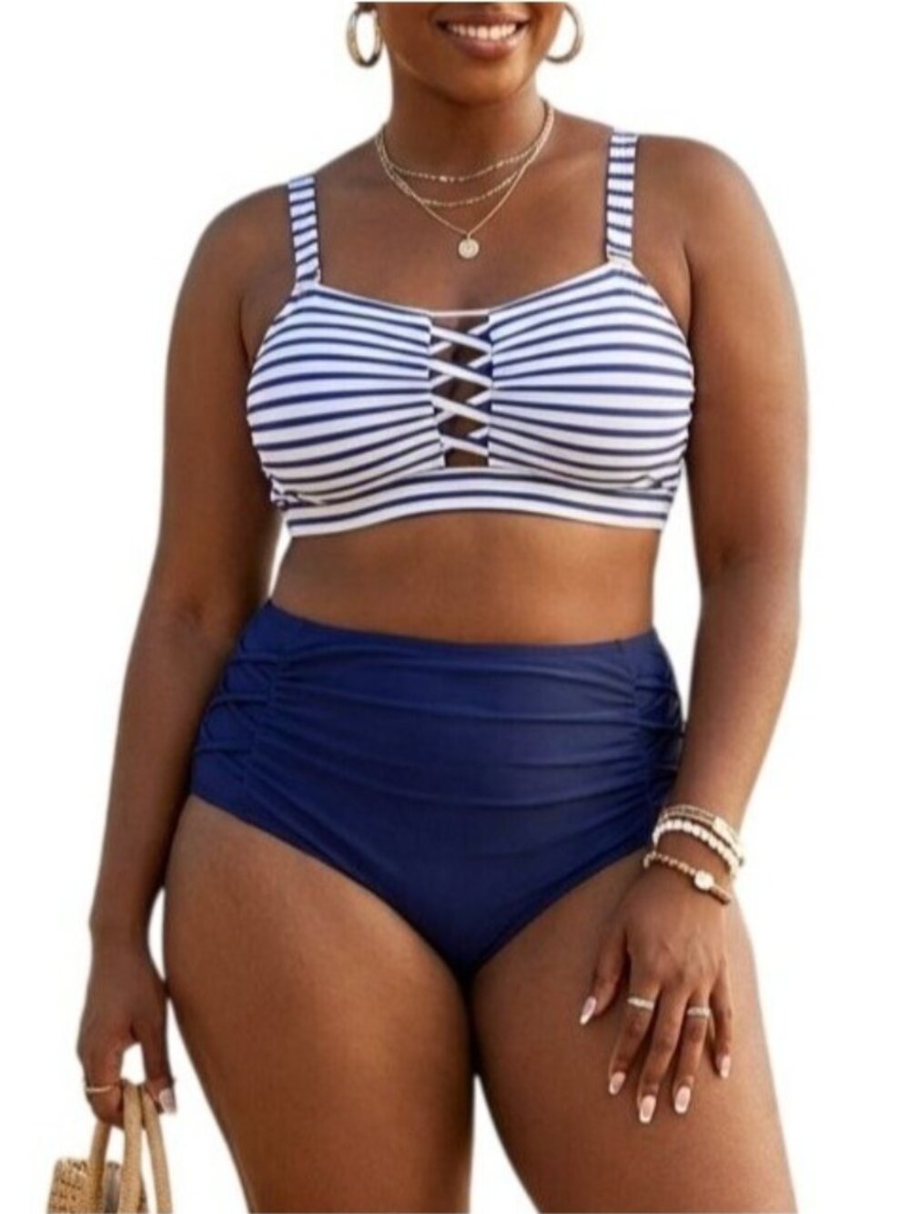 Daci Plus Size 14W Bikini Set 2-Piece Blue & White Stripes High Waist Swimwear